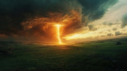 Obraz premium Dramatic Lightning Strike Illuminates Dark Storm Clouds Above Vast Green Landscape at Sunset in Breathtaking Natural Display of Power and Beauty