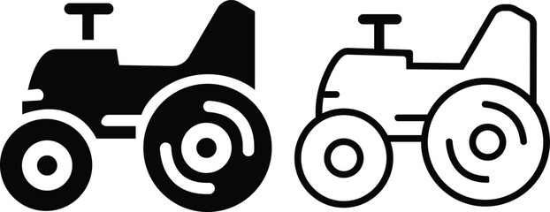 Agriculture farm tractor black flat, outline icon set. Construction vehicle silhouette sign. Elements suitable for any business related to farm industries. Vectors representing farming and rural life.