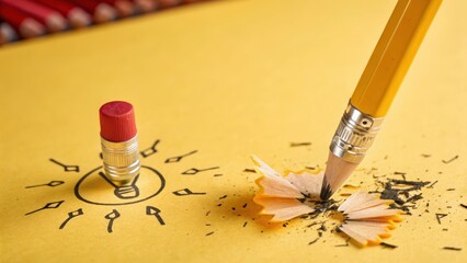 Creative process concept depicting idea generation illustrated with pencil eraser and shavings on yellow paper