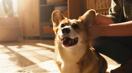 Happy Pembroke Welsh Corgi dog sitting on floor being lovingly petted by owner in cozy sunlit living room, warm natural light, affectionate bond, domestic joy.