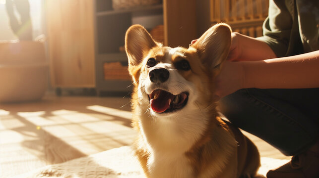 Happy Pembroke Welsh Corgi dog sitting on floor being lovingly petted by owner in cozy sunlit living room, warm natural light, affectionate bond, domestic joy.