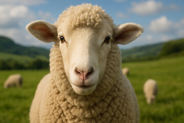 Fototapeta premium Sheep and lamb in a green field on a spring day