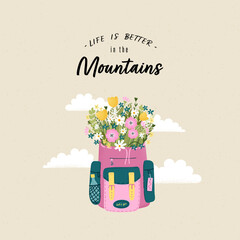 Cute hand drawn backpack with wild flowers - great for banners, wallpapers, cards.