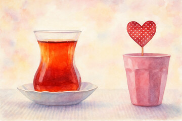 Turkish Tea and Heart Cup &ndash; AI Enhanced Watercolor Style Minimalist Love Art
