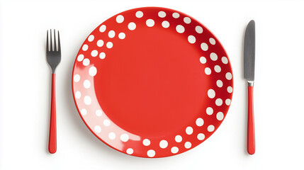 Flat lay vector image of a red polka dot plate with utensils, placed on a white background.

