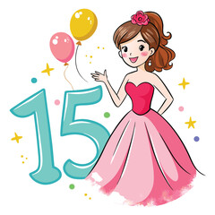 Cartoon Girl Celebrating Sweet Fifteen Birthday Party with Balloons and Number Fifteen Decoration