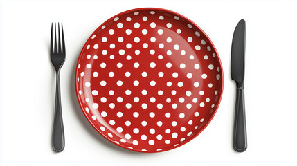 Top-view vector illustration of an empty red plate with a polka dot pattern, accompanied by a knife and fork, isolated on a white background.

