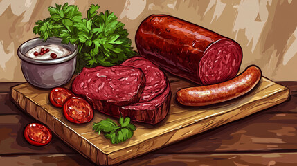 Vector graphic showcasing a variety of meat products, such as sausage links and a beef slab.

