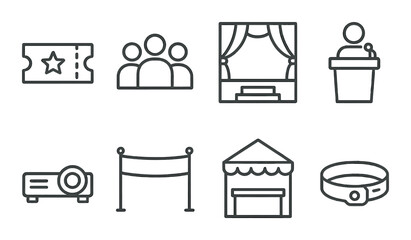 Event planning set: linear event, theater, audience, speaker, projector, booth vector icons