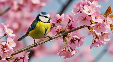 Fototapeta premium Blue Tit Bird Sitting Blossom Cherry Tree Spring Time Nature Beauty