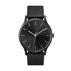 Front View of Stylish All Black Wristwatch with Leather Band on Transparent Background