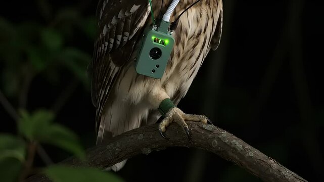 Owl with a tracking device perched on a branch in a lush forest at night, showcasing wildlife monitoring