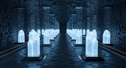 Futuristic server room with data stream and glowing displays.