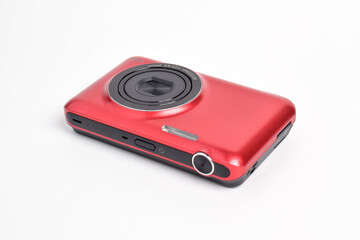 Fototapeta premium Red Digital Camera isolated on white background. Compact digital camera