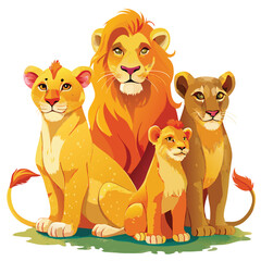 Cartoon Lion Family Portrait Pride, Lioness, Cubs Sitting Together on Grass