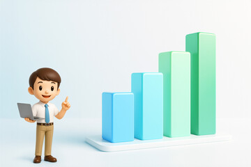 Miniature businessman pointing at a growing bar chart