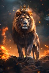 A powerful lion wearing a golden crown stands amidst dark smoke and bright flames. Symbol of royalty, power, and divine authority, for Christian religious concept. © Margarita Ratatosk