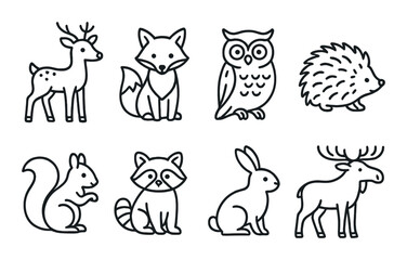 Animal icon set. woodland creature linear icons: deer, fox, owl, hedgehog, vector icons