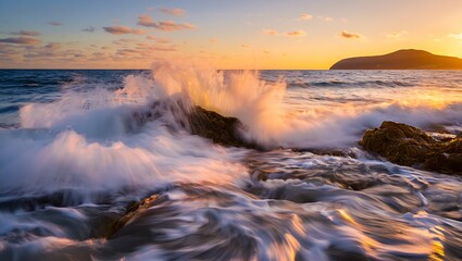 Dramatic sunset waves crashing on rocky coastline seasonal holiday backgrounds