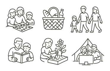 Family activity set. silhouette activities: board game, picnic, gardening, camping vector icons.
