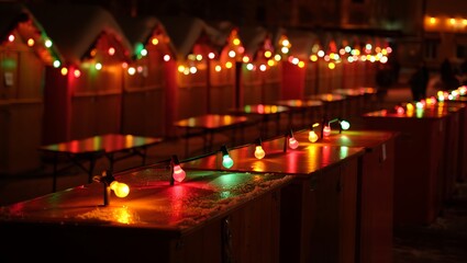 Festive holiday market stalls illuminated with string lights at night