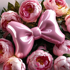 Pink Peony rose with pink foil inflated bow in centre