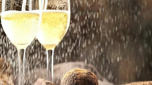 Wine glasses filled with champagne and corks popping in the background.