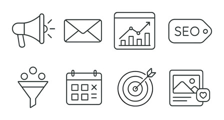 Marketing icon set. business tools flat icons. megaphone, email, seo, analytics vector icons.