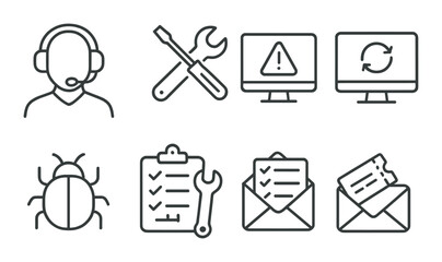 Tech support icon set. customer service silhouette icons. headset, bug, wrench, email vector icons.