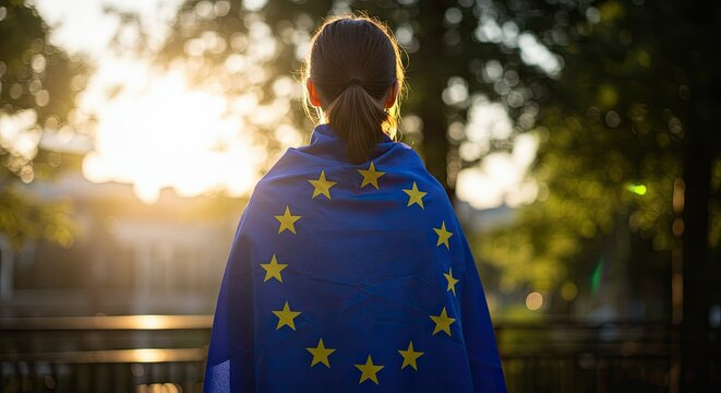 European Union Flag, Woman wrapped in the European Flag