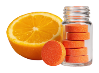 Healthy orange vitamin tablets next to fresh orange kitchen nutritional content focus isolated on transparent background