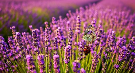 Fototapeta premium Beautiful Butterfly Ladybug Lavender Flowers Panoramic View Nature Garden Scene