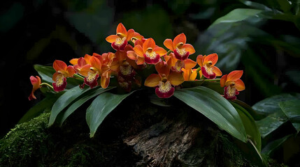 Closeup Orange And Red Orchid Flowers On Dark Background
