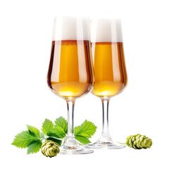 Two glasses of beer with hop plant isolated on transparent background