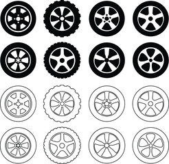 Black rubber wheel tire flat, outline icon set. Car tire tread tracks, motorcycle racing, dirty track. Tyre road maintenance vectors illustration automobile. Transport symbol on transparent background