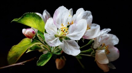 Close-up of a delicate white apple blossom in full bloom on an isolated branch, with two green leaves and vibrant digital painting details on a black background. Floral art and nature concepts.