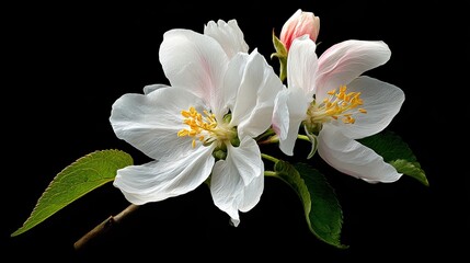 Close-up of a delicate white apple blossom in full bloom on an isolated branch, with two green leaves and vibrant digital painting details on a black background. Floral art and nature concepts.