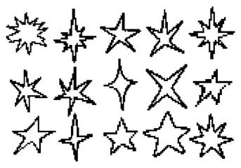 Pixel Star Outline Element Collection. A bold collection of fifteen pixelated star outline elements in retro jagged styles including starbursts diamonds sparkles. Perfect for vintage pixel art