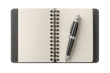 PNG Black pen resting on open notebook with blank pages and spiral binding