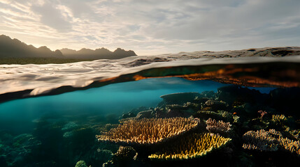 Vibrant Underwater Coral Reef At Sunrise