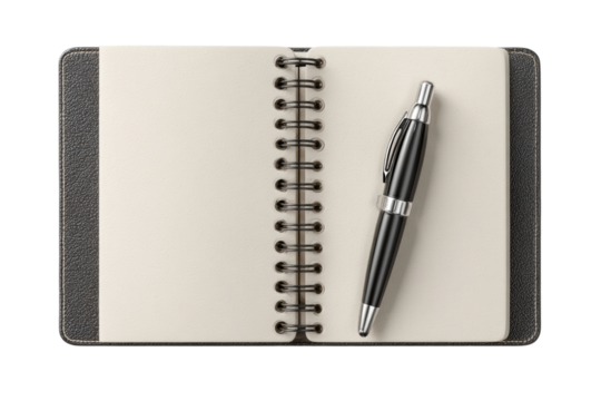 PNG Black pen resting on open notebook with blank pages and spiral binding