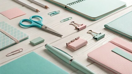 Pastel colored stationary including notebooks pens pencils scissors paper clips and other supplies arranged on a white wooden surface
