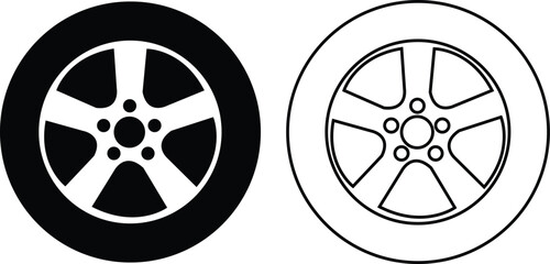 Black rubber wheel tire flat, outline icon set. Car tire tread tracks, motorcycle racing, dirty track. Tyre road maintenance vectors illustration automobile. Transport symbol on transparent background