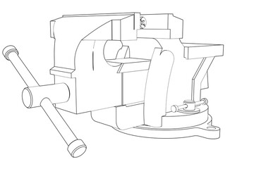 Engineering Workshop Table Vise: Precise Wireframe Technical Drawing Line Art - Detailed Monochrome Black and White Outline of Industrial Hand Tool Isolated for Design, Blueprint, Schematic Graphics