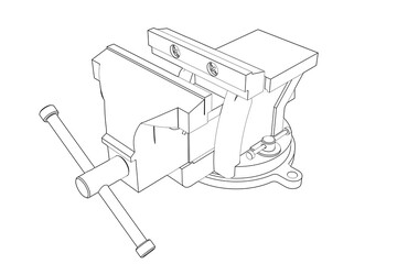Engineering Workshop Table Vise: Precise Wireframe Technical Drawing Line Art - Detailed Monochrome Black and White Outline of Industrial Hand Tool Isolated for Design, Blueprint, Schematic Graphics