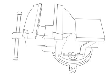 Engineering Workshop Table Vise: Precise Wireframe Technical Drawing Line Art - Detailed Monochrome Black and White Outline of Industrial Hand Tool Isolated for Design, Blueprint, Schematic Graphics