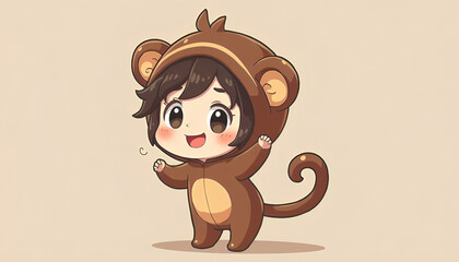 A cheerful cartoon girl in a brown monkey costume, depicted in a stylized, kawaii manner.