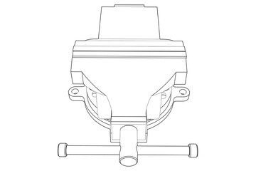 Engineering Workshop Table Vise: Precise Wireframe Technical Drawing Line Art - Detailed Monochrome Black and White Outline of Industrial Hand Tool Isolated for Design, Blueprint, Schematic Graphics