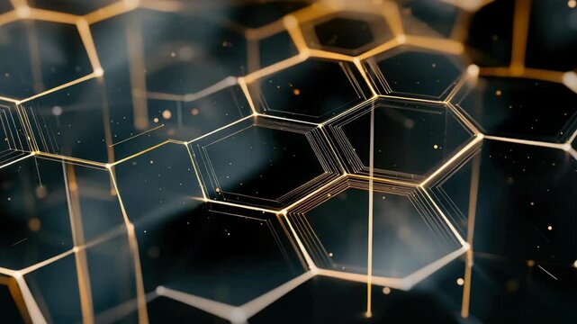 Digital artwork showcasing a complex, interconnected web of data and binary code. Golden hexagonal shapes symbolize digital connectivity in cyberspace.