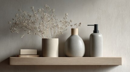 Bathroom accessories mockup soap dispenser and gypsophila on shelf
